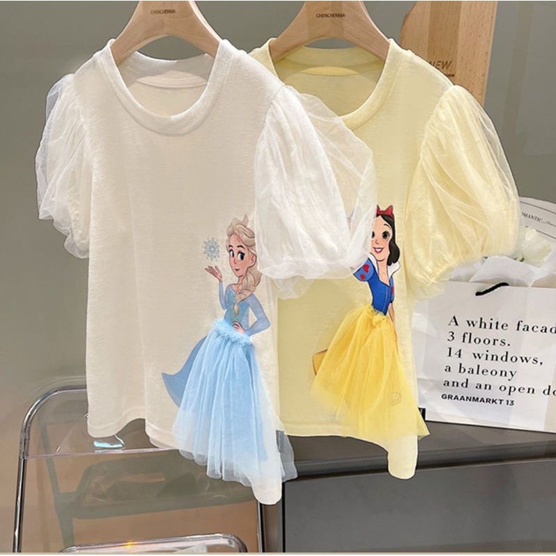 [RJ] 90-140 ซม.สาวฤดูร้อนรูปแบบใหม่ผ้ากอซพัฟแขนเจ้าหญิงเสื้อยืดสามมิติการ์ตูนแขนสั้นด้านบนทุกการแข่งขัน