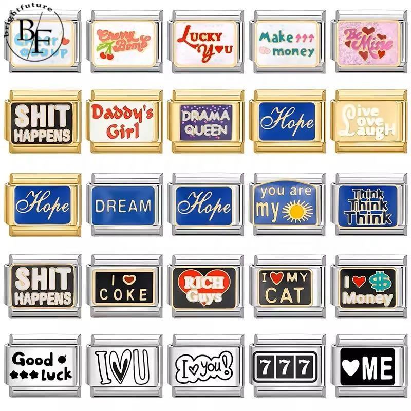 สร้อยข้อมือสแตนเลส DIY สีสันภาษาอังกฤษและคำอิตาเลียน ขนาด 9 มม. อุปกรณ์เสริม retro สำหรับบุคลิกภาพ