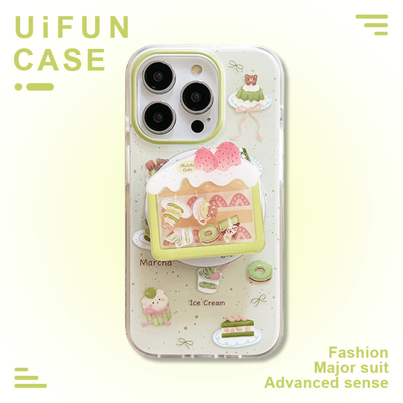 เกาหลี Slippable สตรอเบอร์รี่ Matcha เค้กวงเล็บ Splash Ink เคสโทรศัพท์สําหรับ iPhone 16 15 14 13 Pro Max Anti-drop Protection Hard IMD ไร้สายชาร์จมือถือปลอก