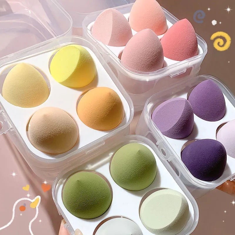🔥HOT🔥 ฟองน้ำแต่งหน้า 4 ชิ้น พร้อมกล่องเก็บ รูปทรงไข่ สำหรับแต่งหน้า พัฟฟองน้ําสําหรับแต่งหน้าใช้ได้ทั้งแบบแห้งและเปียก
