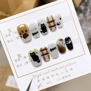 Handmade เล็บปลอมสั้น 10 ชิ้นพร้อมการออกแบบตาแมว, สีทึบและเรียบง่ายเล็บปลอมพร้อมเจลเยลลี่