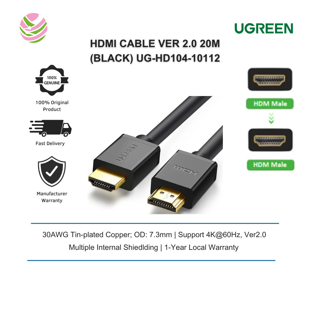 UGREEN สาย HDMI VER 2.0 4K@60HZ 20M (สีดํา) UG-HD104-10112