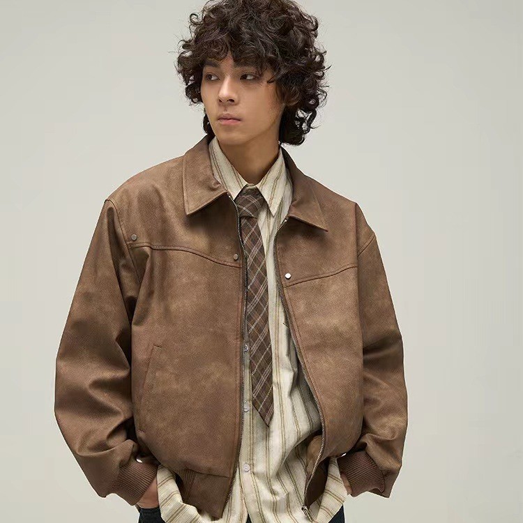 Vela-เสื้อJacket เสื้อแจ็คเก็ต สีน้ําตาลหนังผู้ชาย American Retro แขนยาว วินเทจ
