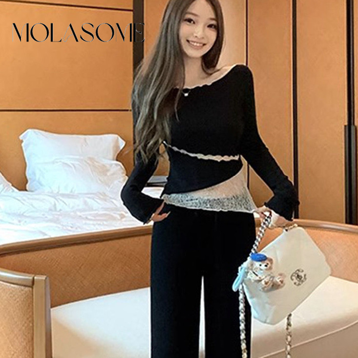 โมลาโซเมะ ผู้หญิง 2025 สีทึบคอกลมแขนยาวสลิมฟิตเสื้อยืดลูกไม้