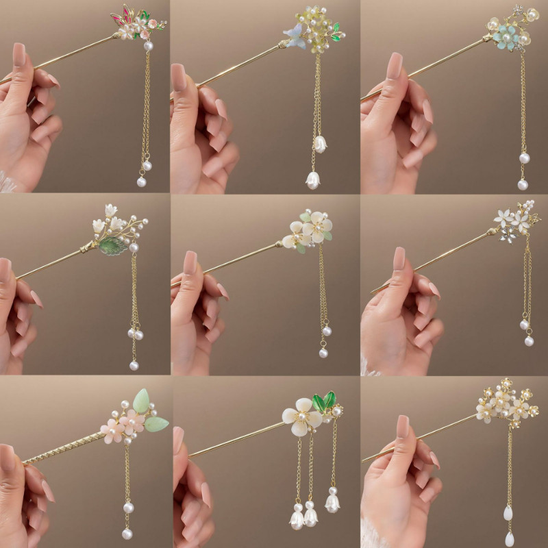 เลียนแบบ Magnolia ดอกไม้โลหะผสม Hairpin ใหม่สไตล์จีนพู่ Step Shake ผม Stick Hanfu Qipao Headwear