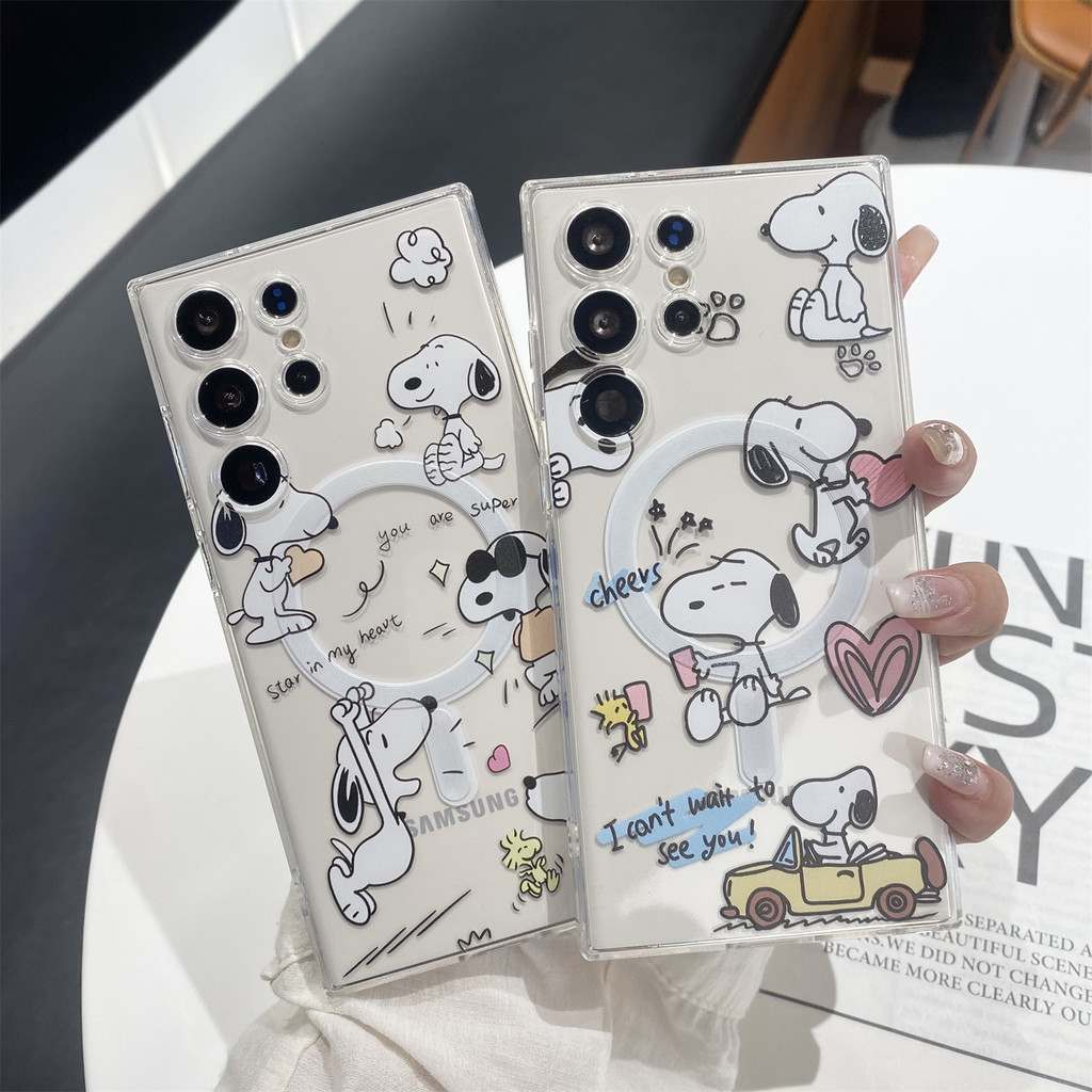 Samsung Galaxy S24Ultra S25 Ultra ญี่ปุ่นการ์ตูนเกาหลีน่ารักรถ Snoopy เคสโทรศัพท์ S23 S22 Ultra S23fe S24 Plus เคสแม่เหล็กแม่เหล็ก Snoopy Bracket รวมทุกอย่างเคสนุ่ม