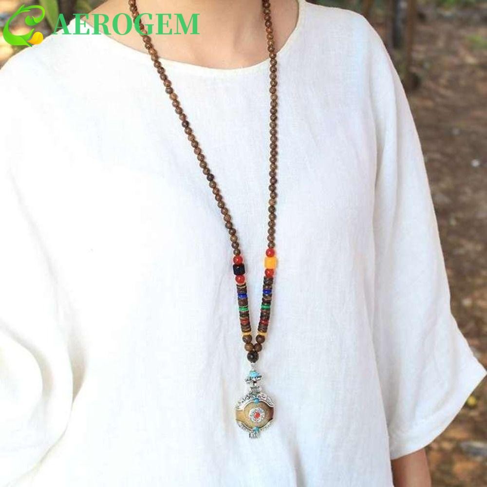 Aerogem ยาวเสื้อกันหนาว Retro บุคลิกภาพ Boho ชาติพันธุ์ยาวเครื่องประดับจี้หยก Abacus All-match สร้อยคอลูกปัดไม้