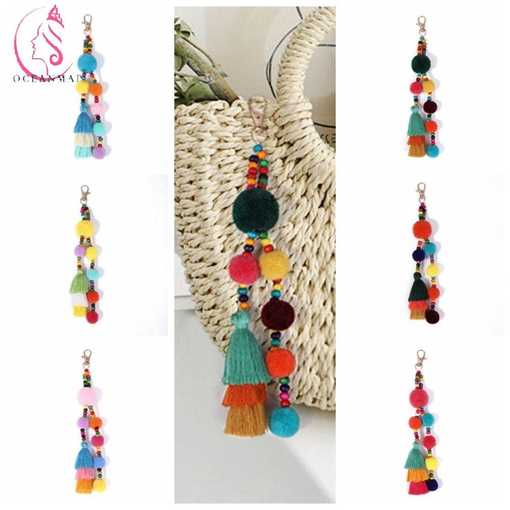 Oceanmap Boho สไตล์ผม Ball พู่พวงกุญแจ, Boho สไตล์พู่ Boho พวงกุญแจ, Boho เครื่องประดับที่มีสีสัน Ha