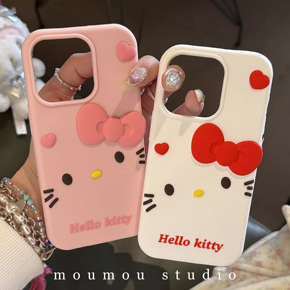 น่ารักการ์ตูน 3D Bow Hello Kitty IPhone Case Thicken กันกระแทกกล้องสําหรับ IPhone 16 15 14 13 12 Pro Max 16 15 14 Plus ซิลิโคนนุ่มปกหลัง