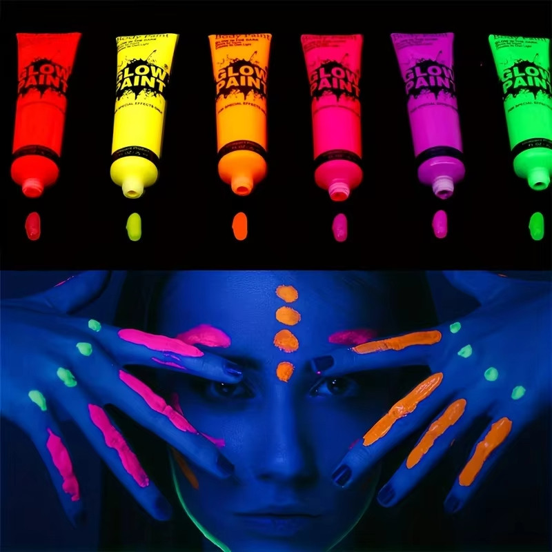 6สีแห้งเร็วขึ้นเรืองแสงในที่มืดร่างกายและใบหน้าสีสําหรับปาร์ตี้ฮาโลวีนล้างทําความสะอาดได้เรืองแสงแต่งหน้าสําหรับเทศกาลดนตรี