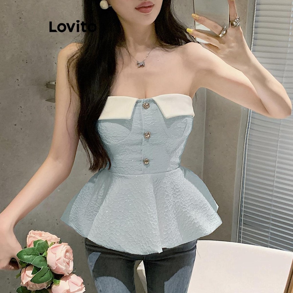 Lovito เสื้อเกาะอกผู้หญิง คัลเลอร์บล็อก แต่งพลอยเทียม สีพื้น สไตล์ลำลอง LNE62065