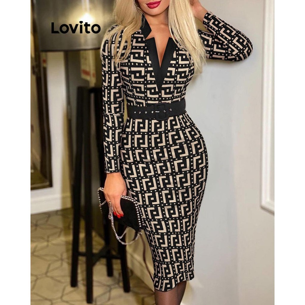 Lovito ชุดเดรสผู้หญิง ลายตาราง เรขาคณิต แบบคัลเลอร์บล็อก สไตล์ลำลอง LNL65360