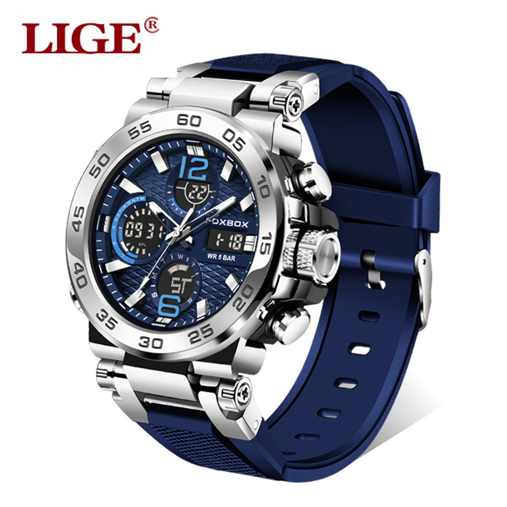 FOXBOX นาฬิกาผู้ชาย จอแสดงผลแบบดิจิตอลคู่ LIGE นาฬิกาข้อมือ	กีฬากันน้ำ นาฬิกา โครโนกราฟเรืองแสงควอตซ์