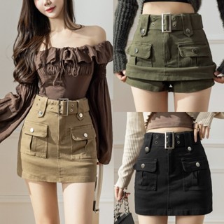 GHAOHES กระโปรงยีนส์สั้นคาร์โก้ อเมริกันวินเทจ กระโปรงคลุมสะ…