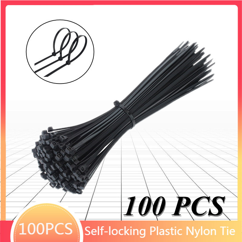 100 ชิ้น Self-locking พลาสติกไนลอน Tie สีดํา Fastening สายคล้องสาย Tie-ชุดสาย Zip Tie Fastening แหวน