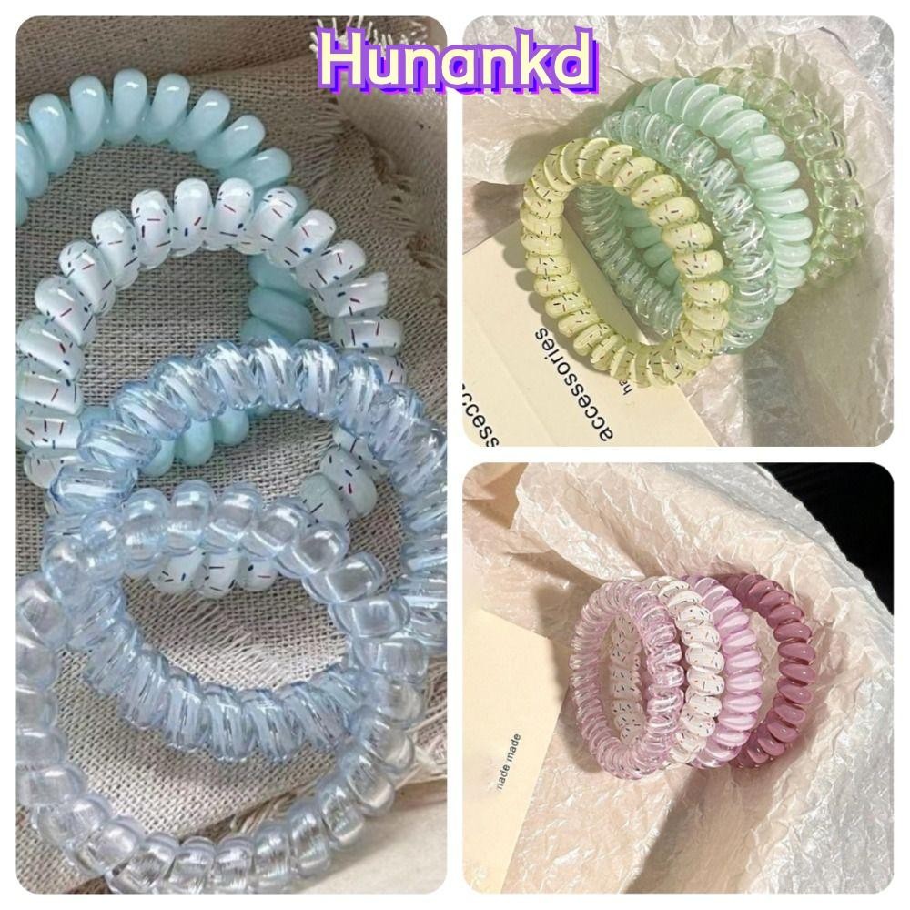 HUAN ที่คาดผมสายโทรศัพท์ 4 ชิ้น ชุดเชือกผูกผมลายจุดยืดหยุ่น สไตล์เกาหลีสำหรับฤดูร้อน