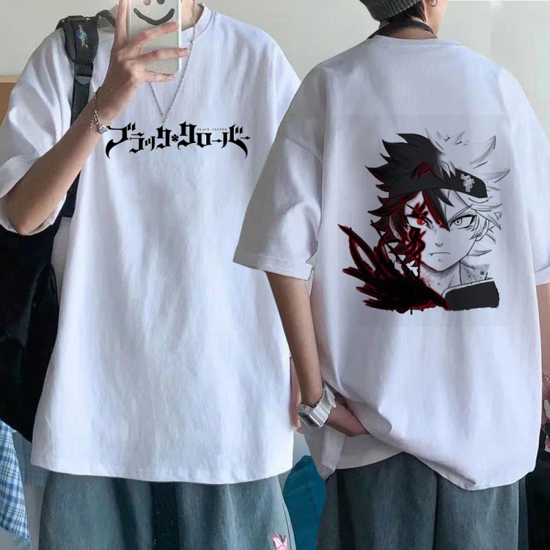 สีดํา Four-Leaf Clover อะนิเมะพิมพ์คู่เสื้อยืดอเมริกัน Casual แฟชั่นรอบคอผ้าฝ้ายแขนสั้นเสื้อยืด Anime Mer