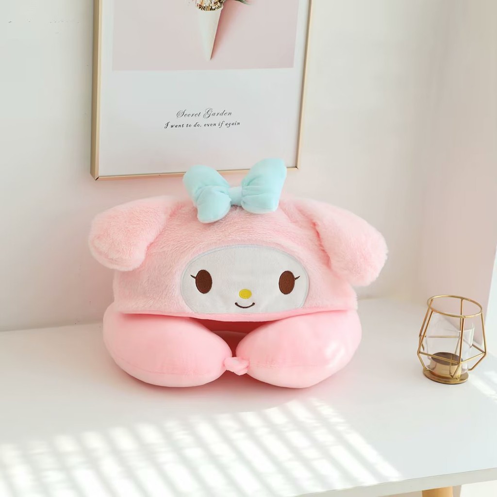 หมอนเดินทางคอ Kuromi My Melody Cinnamoroll พร้อมฮูด รองรับศีรษะรูปตัว U Pachacco PomPom Puri