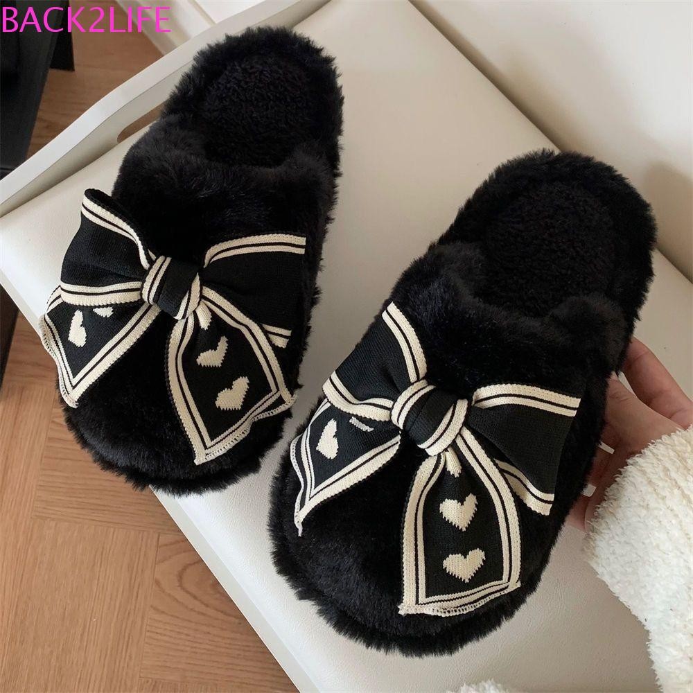 รองเท้าแตะตุ๊กตา BACK2LIFE, รองเท้าแตะให้ความอบอุ่นแบบหนา Bowknot แสนหวาน, รองเท้าแตะฤดูหนาวกันลื่นสําหรับหัวใจสาวแฟชั่นห้องนอน
