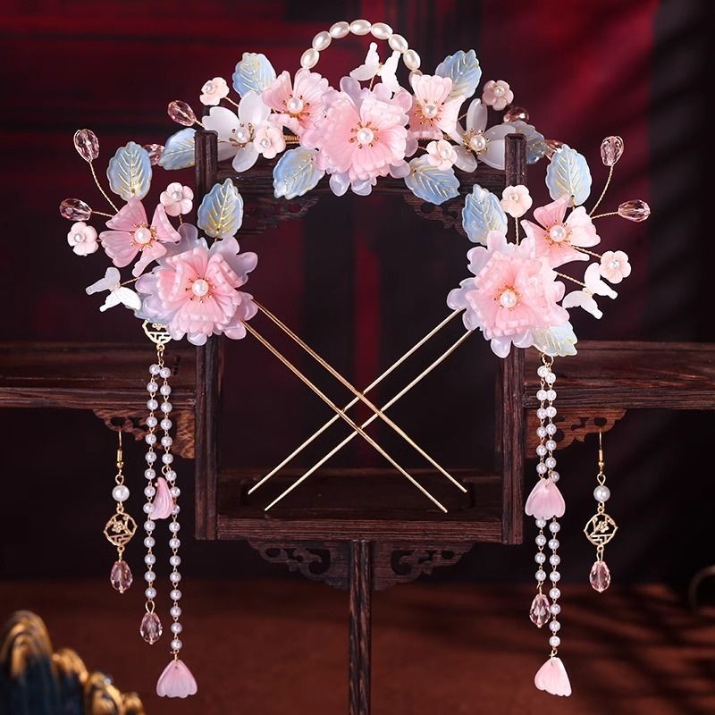 Super Fairy สไตล์โบราณ Hanfu Headdress แก้วสีสีชมพูอุปกรณ์เสริมผม Hairpin หวีผมชุดเครื่องแต่งกายโบราณ Simple Palace สไตล์อุปกรณ์เสริมผม pdd// wtt2025.1.4