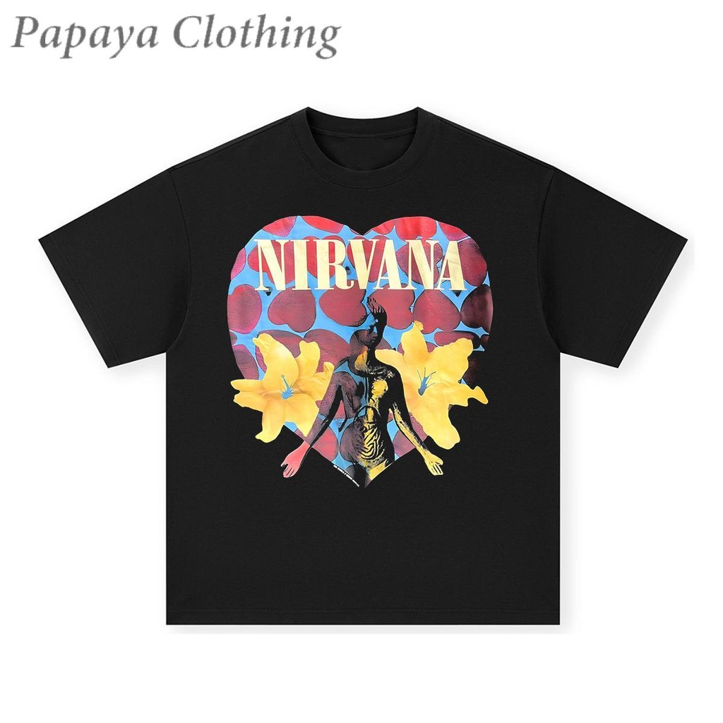 Papaya เสื้อยืด Oversize แนววินเทจลาย "Nirvana Heart" เสื้อวงร็อค เสื้อฮิปสเตอร์ ใส่ได้ทั้งผู้ชาย คอ