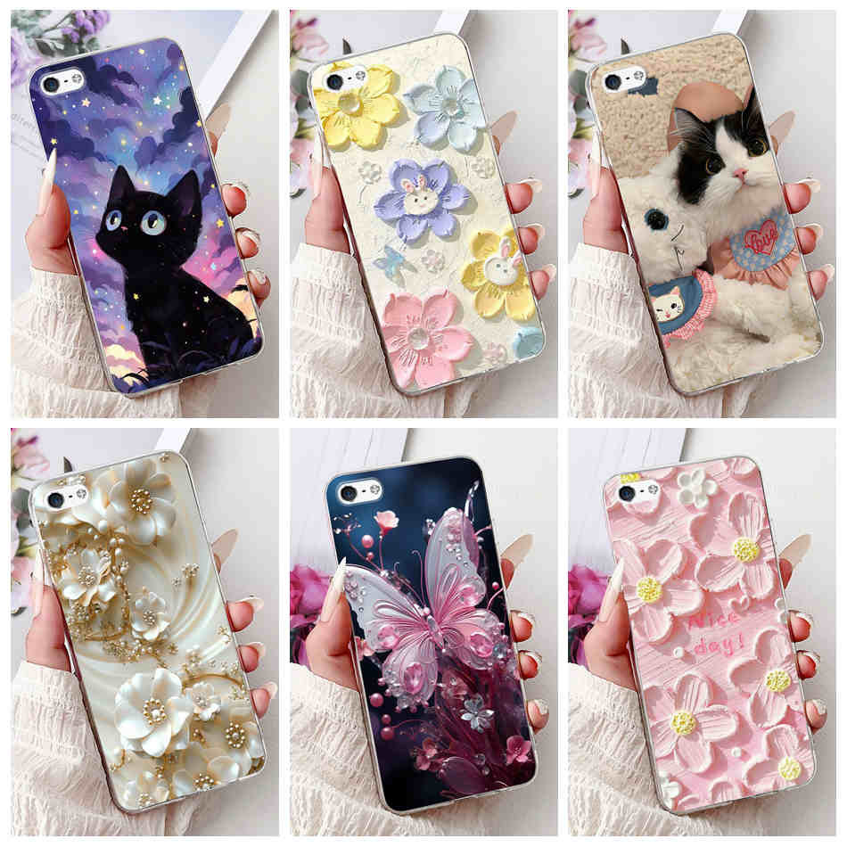 สําหรับ iPhone 5 5s SE (2016) 4 4s แมวน่ารักผีเสื้อดอกไม้รูปแบบปลอกซิลิโคนอ่อนนุ่ม TPU เคสโทรศัพท์