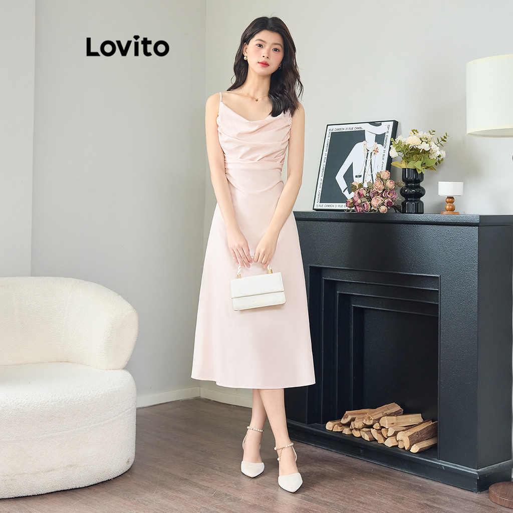 Lovito เดรสผู้หญิง จับจีบ สีพื้น สไตล์หรูหรา LNM67037