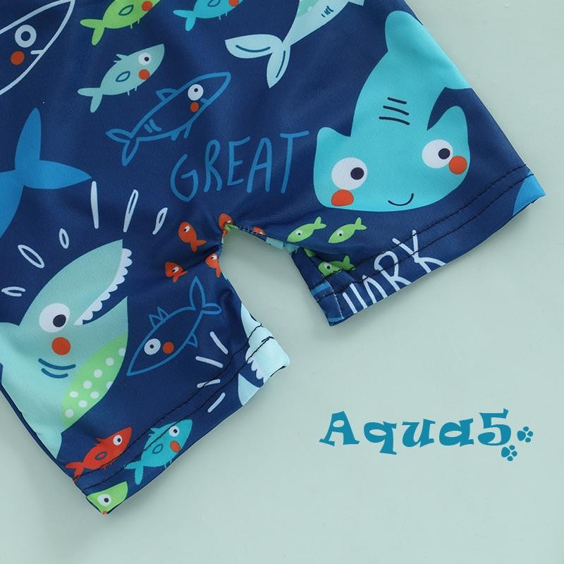 Aqq-toddler Boys Rash Guard ชุดว่ายน้ํา Playsuits Shark พิมพ์ซิปแขนสั้นชุดว่ายน้ําป้องกันแสงแดดพร้อมหมวกว่ายน้ําชุด - รูปที่ 6