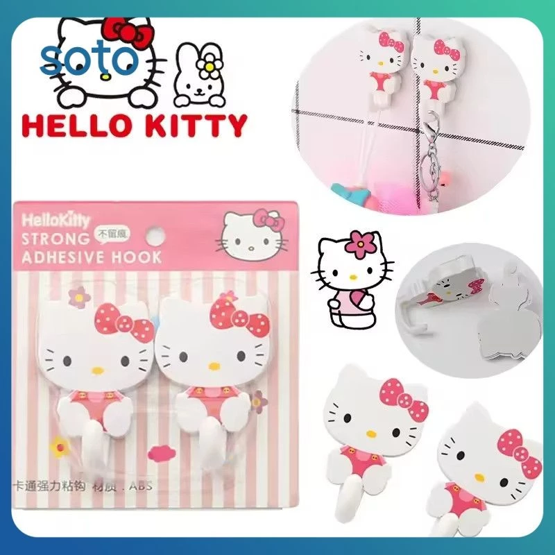 ♫ ชุดตะขอแขวนติดผนังอเนกประสงค์ Sanrio 2 ชิ้น Hello Kitty ตะขอแขวนกุญแจแบบมีกาวในตัว เหนียวแน่น น่ารัก สำหรับแขวนประตูและผนัง