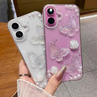For iphone 17 16 15 pro max เคสโทรศัพท์มือถือแบบนิ่ม TPU อีพ็อกซี่ ใส กันกระแทก แต่งกลิตเตอร์ ลายดอกไม้ 3D หรูหรา สําหรับ for IPhone  14 pro max 13 12 11 Pro Max X XS XR 8 7 Plus