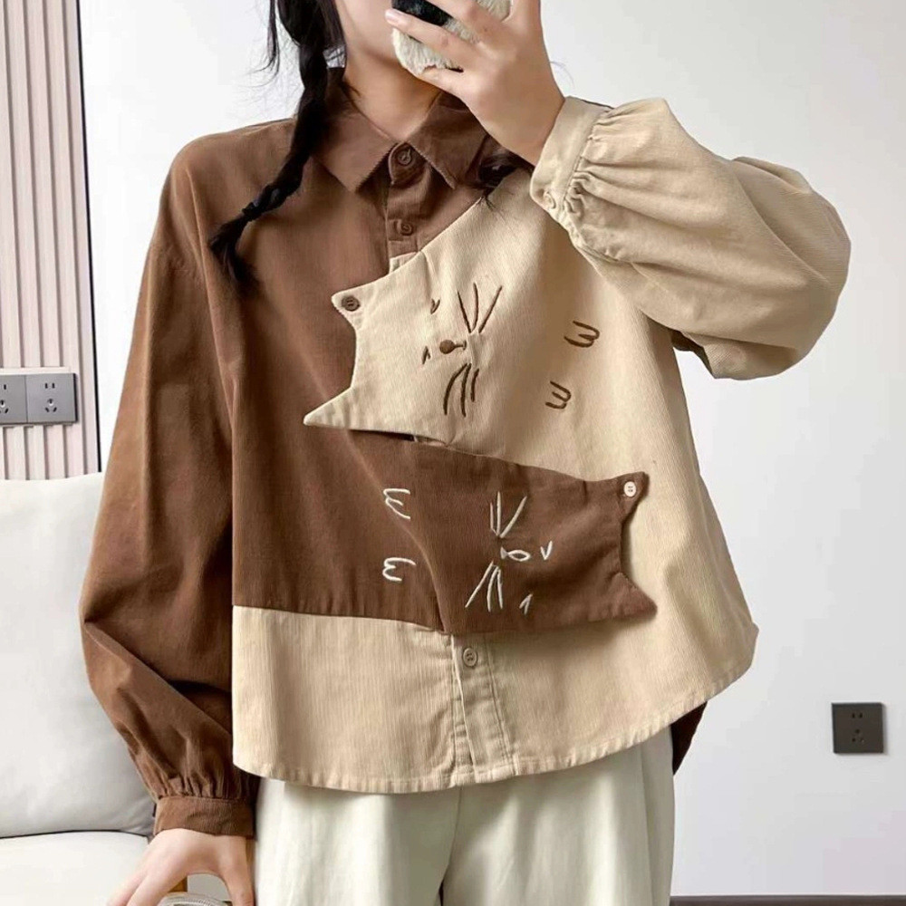 คุณภาพสูงการ์ตูน Anti-aging Corduroy เสื้อผู้หญิงแขนยาวฤดูใบไม้ผลิและฤดูใบไม้ร่วงใหม่ญี่ปุ่นหวานหลวมเสื้อฐานด้านบน