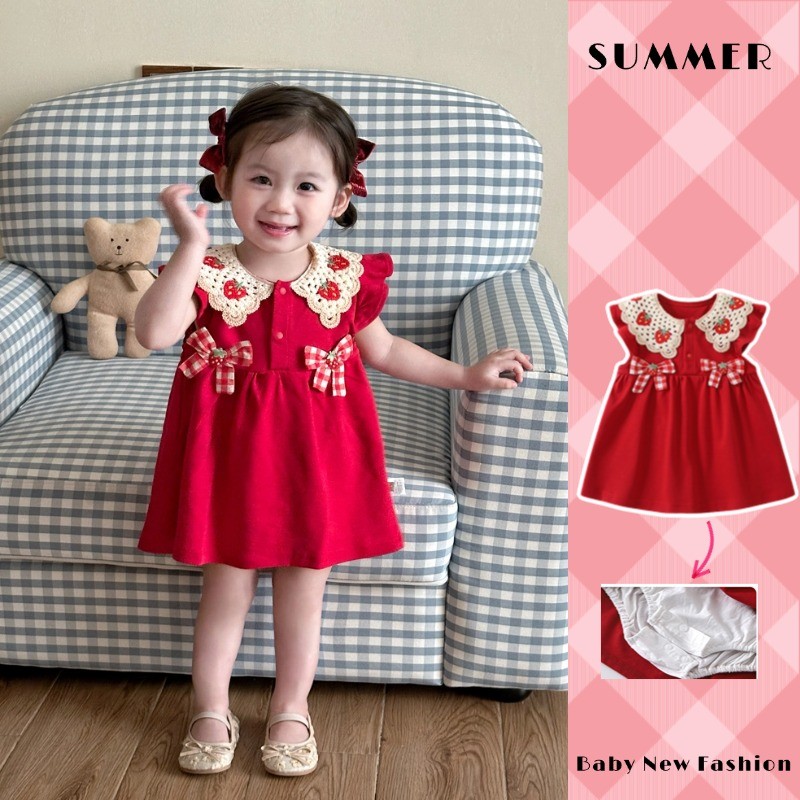 ฤดูร้อนใหม่เสื้อผ้าเด็กเด็กสาวบินแขนสไตล์เจ้าหญิงบอดี้สูท0-24เดือนเด็กผ้าฝ้ายสบายปีแรกชุดหวานโบว์โรเมนสตรอเบอร์รี่