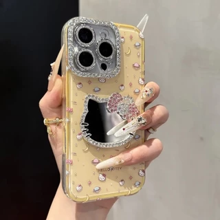 Diamond Studded Kitty Mirror เหมาะสําหรับ iPhone 17Promax เคสโทรศัพท์ Apple 16/15/14/13/12/11 Anti Drop