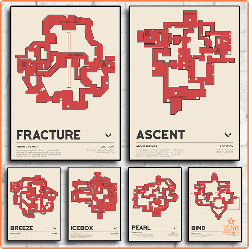 [op105] 2023 Pop Video Game Valorant แผนที่ชุดโปสเตอร์ออกแบบสําหรับ Wall Art ผ้าใบพิมพ์ Esports Game