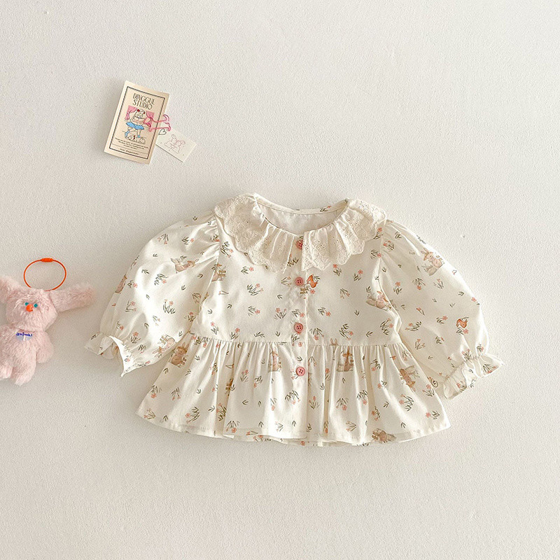 2025 เสื้อน่ารักเด็กผู้หญิงมาใหม่-ฤดูใบไม้ผลิฤดูใบไม้ร่วงสไตล์เกาหลีแฟชั่นเสื้อดอกไม้กระต่ายพร้อมปกน่าระทึกใจ