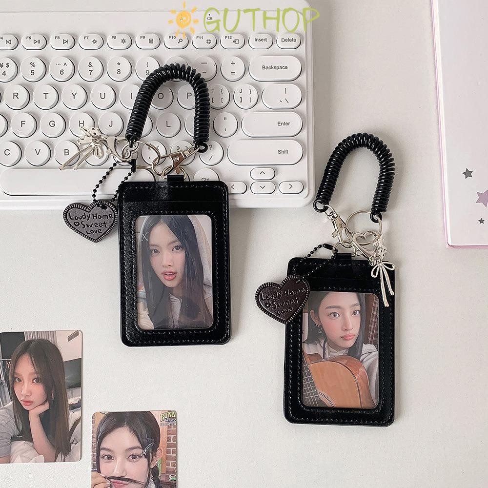 GUTHOP ฝาครอบป้องกันรูปถ่าย, ที่ใส่บัตรหนัง PU ช่องเสียบการ์ดคู่, พร้อมกระเป๋าบัตรเชือกเส้นเล็ก