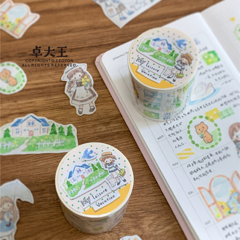 King Zhuo [Azhuo Leisure Holiday] ม้วนสติกเกอร์ไดคัทและเทปกระดาษวาดวัสดุสมุดคู่มือภูมิทัศน์ศิลปะ