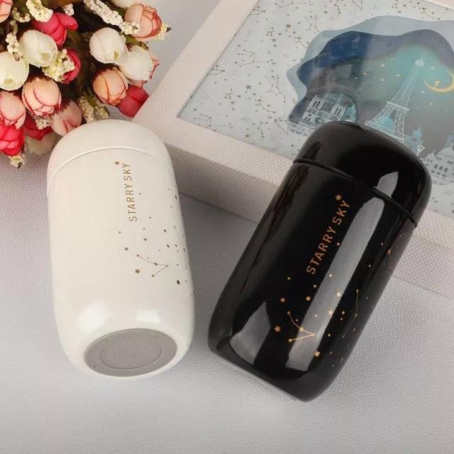 Chic แก้วน้ํา ร้อนและเย็น Mini Starry Sky Thermos 200ml อบอุ่นถ้วยสีดำและสีขาวน่ารัก