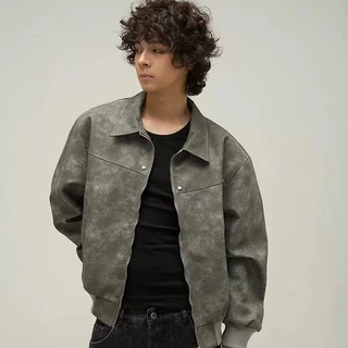 Vela-เสื้อJacket เสื้อแจ็คเก็ต สีน้ําตาลหนังผู้ชาย American Retro แขนยาว วินเทจ