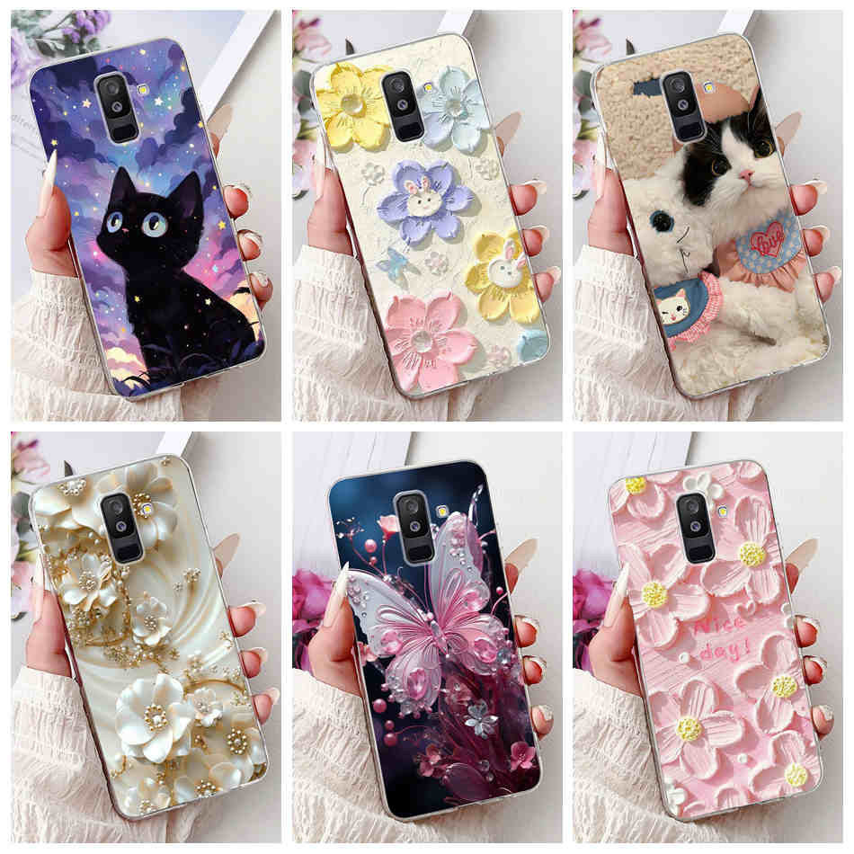 สําหรับ Samsung Galaxy A6+ (2018) A605G / A6 (2018) A600F แมวน่ารักผีเสื้อดอกไม้รูปแบบซิลิโคนอ่อนนุ่ม TPU เคสโทรศัพท์