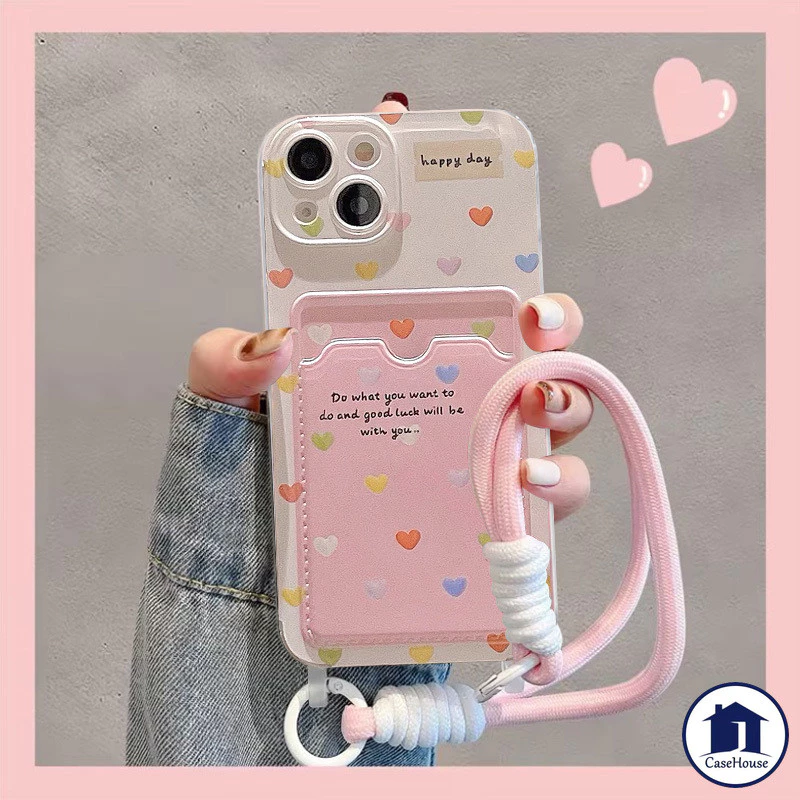 เคสแบบนุ่มพร้อมสายคล้องสำหรับใส่บัตรรูปหัวใจหลากสี เข้ากันได้กับ IPhone XR 15 11 12 14 16 13 Pro Max 7 8 Plus X XS Max