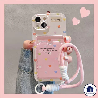 เคสแบบนุ่มพร้อมสายคล้องสำหรับใส่บัตรรูปหัวใจหลากสี เข้ากันได้กับ IPhone XR 15 11 12 14 16 13 Pro Max 7 8 Plus X XS Max