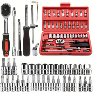 Kit Jogo 46 Peças Chaves Soquetes Catraca Bits 1/4 Ferramenta Profissional Multiuso Com Maleta