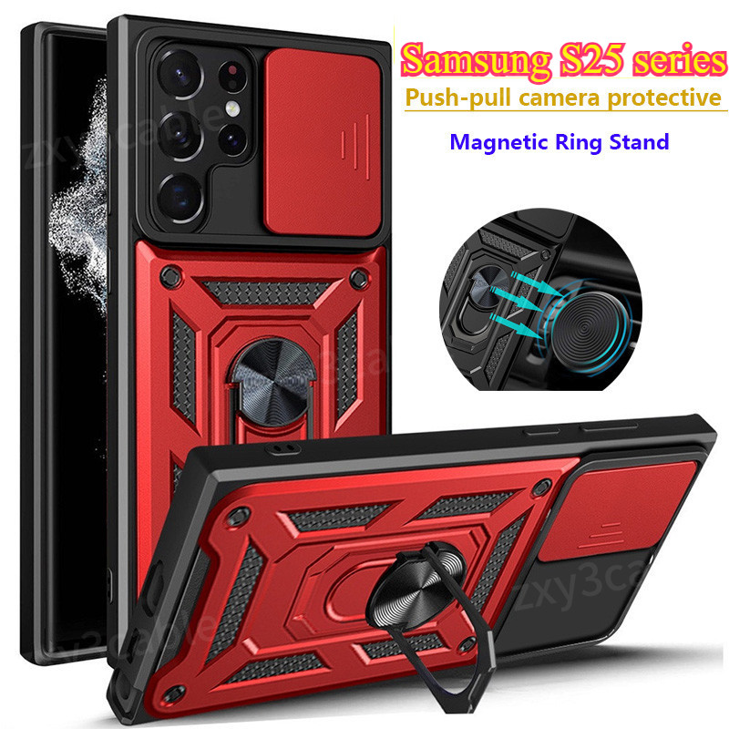 SAMSUNG เกราะกันกระแทกสําหรับsamsung S25 Ultra S25 Plus 5G 2025 เคสโทรศัพท์Pushดึงกล้องป้องกันกรณีสําหรับSamsungS25Ultra S25Ultra S25Plus S25 + แม่เหล็กรถแหวนฝาครอบ