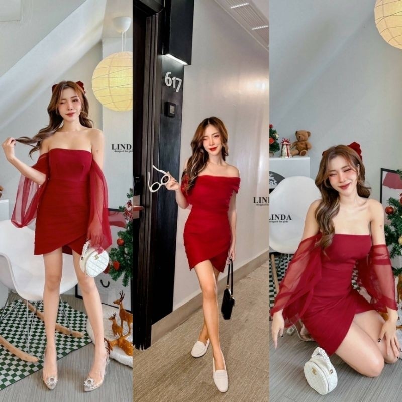 PD (พร้อมส่ง) LINDA18  เดรสสีแดงผ้าตาข่าย งานปังมาก มีฟองน้ำในตัว  PD.shop