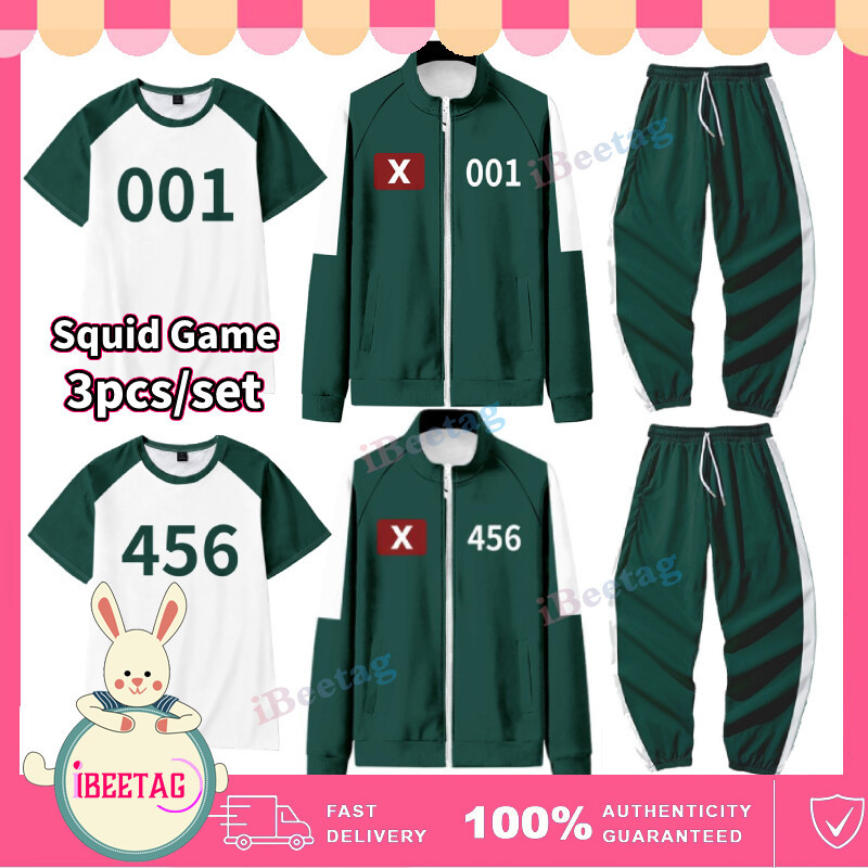 3ชิ้น/เซ็ตเกมปลาหมึกคอสเพลย์เครื่องแต่งกายแจ็คเก็ต+เสื้อยืด+กางเกงผู้ชายและผู้หญิงฮาโลวีนบทบาทเล่นเหตุการณ์วอร์มซิปเสื้อพรรคชุด