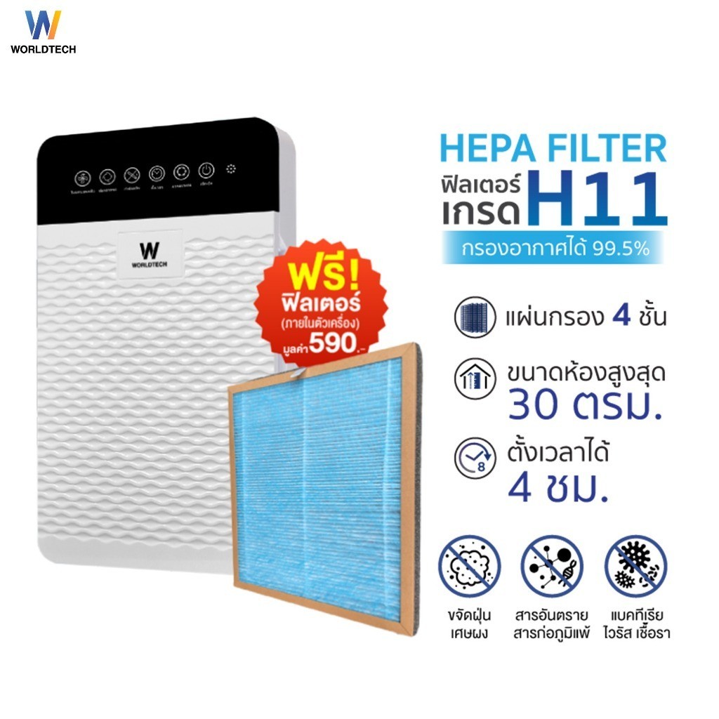 เครื่องฟอกอากาศ WORLDTECH Purifier กรองฝุ่น ป้องกันฝุ่นพิษ PM 2.5 เครื่องกรองอากาศ ฆ่าเชื้อโรค