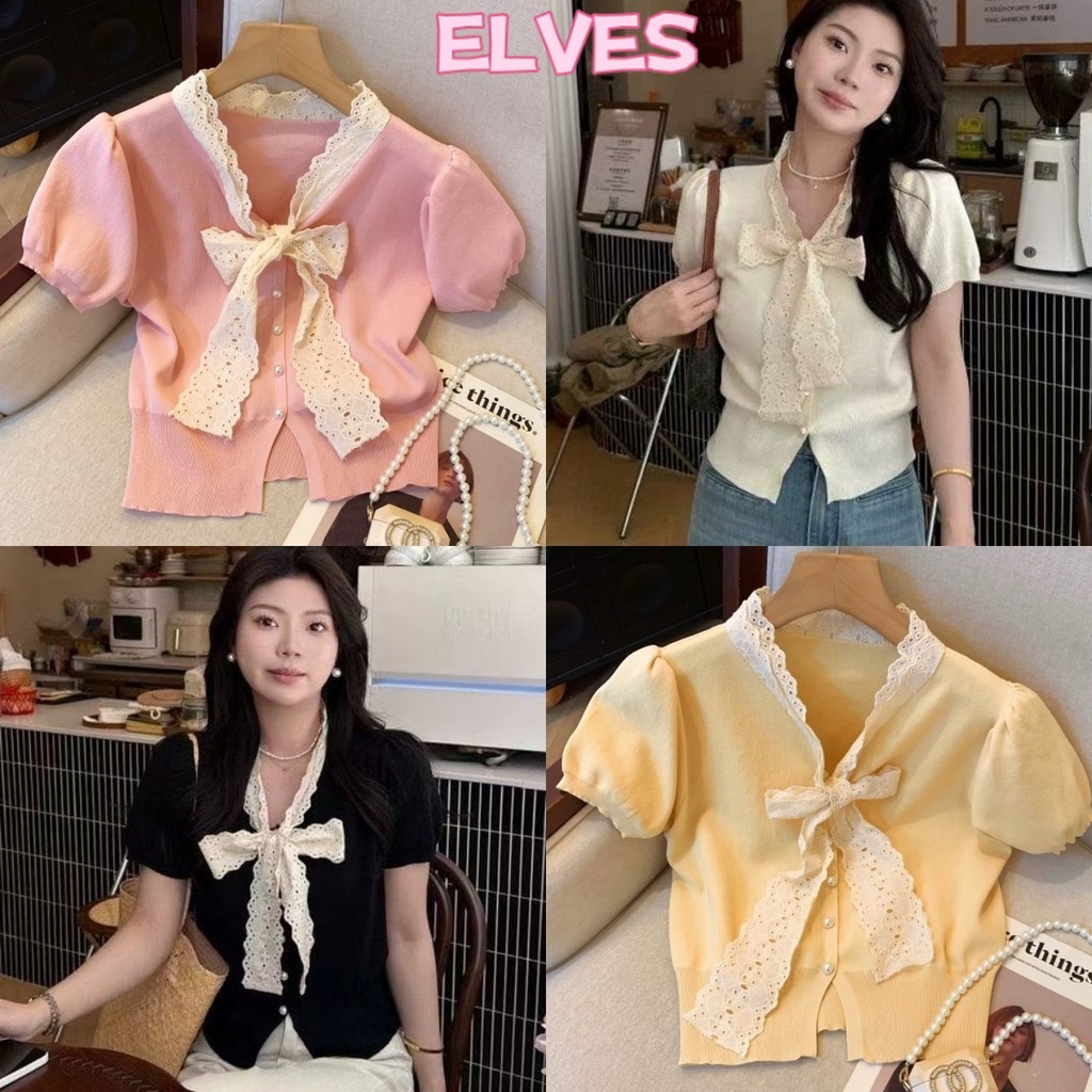 Elves พร้อม💟 เสื้อไหมพรม แขนสั้น คอปกแต่งโบว์ สีพาสเทล สไตล์เกาหลี "W-M099"