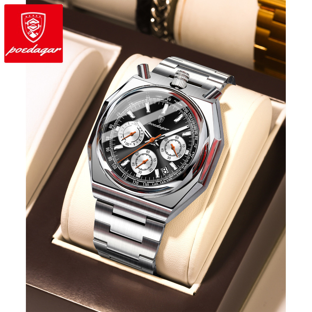 Poedagar นาฬิกาผู้ชายยอดนิยมแฟชั่น Night Light วันที่สแตนเลสนาฬิกาผู้ชาย Chronograph คุณภาพสูงผู้ชายนาฬิกาควอตซ์