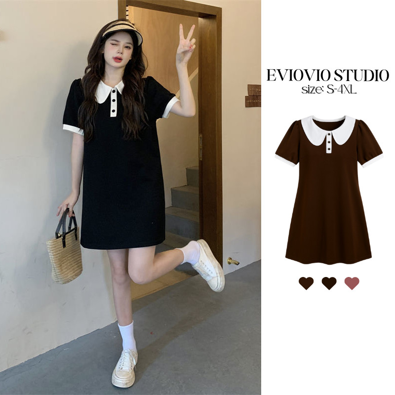 【EVIOVIO】 S-4XL เดรสสั้น ทรงตรง คอปกใหญ่ แขนตุ๊กตา สีทูโทน สไตล์วินเทจเกาหลี เดรสพลัสไซซ์ แมทช์ง่าย